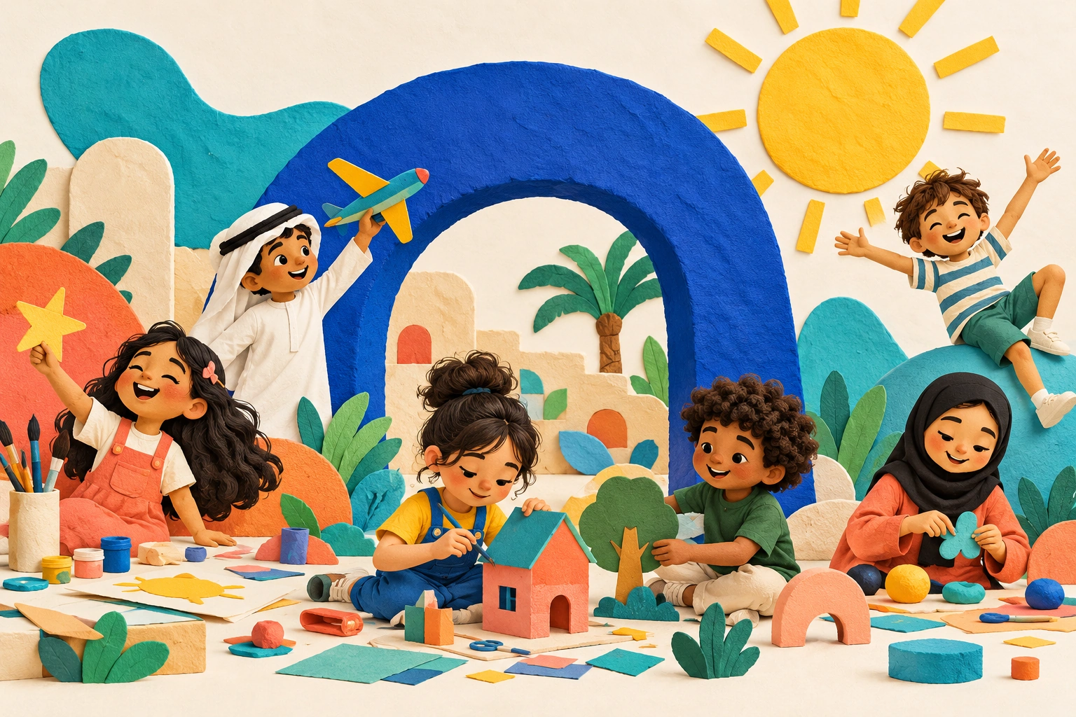 An illustrated world of children creating and playing together